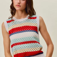 Women’s sweater knit tank top, sleeveless with dotted multi-stripe pattern