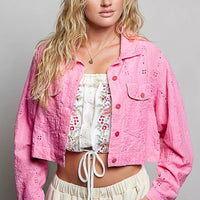 Candy pink cropped button-front cotton jacket with eyelet texture and flap chest pockets