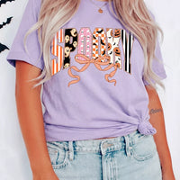 Lavender purple crew-neck T-shirt with Halloween letter graphic and bow design