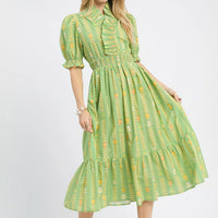 Sage green midi dress with elastic smocking, balloon sleeves, and full skirt