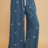 Dusty blue wide-leg drawstring pants with bow embroidery and lace waist tie
