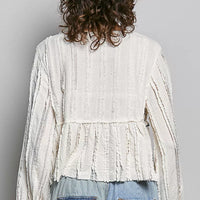 Cream lace square-neck long-sleeve top with gathered back yoke and blue-trim waist