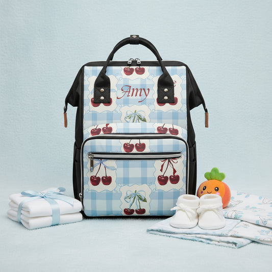 Custom Diaper Bag, Gingham Baby Backpack, Personalized Cherry Gift for Her, Baby Shower Present