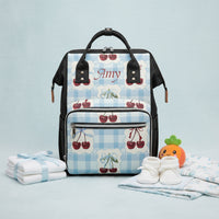 Blue Diaper Bag Backpack | Personalized Gingham & Cherry Print