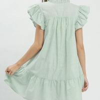 Mint striped smocked yoke ruffle dress with tiered back hem and flutter sleeves