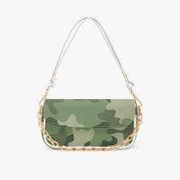Green camouflage shoulder bag with white handles and gold chain strap, flap front.