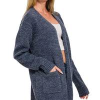 Midnight open-front knit cardigan with long sleeves and a front pocket