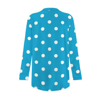 Women's Blue and White Polka Dot Cardigan Long-Sleeved Top with Pockets