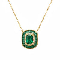 Gold pendant necklace with emerald green square stone and gold frame