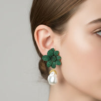 Green beaded flower earrings with baroque white pearl dangle