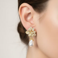 Amaryllis Flower Baroque Pearl Drop Earrings White Gold-1