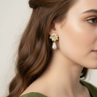 Amaryllis Flower Baroque Pearl Drop Earrings White Gold-4
