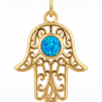 Hamsa Hand Filigree Blue Opal Pendant Necklace Gold-4