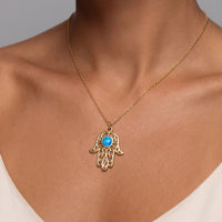 Hamsa Hand Filigree Blue Opal Pendant Necklace Gold-2