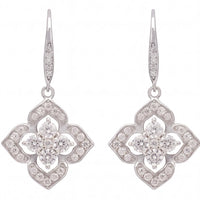 Silver CZ clover flower drop earrings with pointed elongated hooks