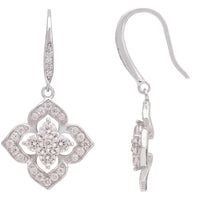 Silver CZ clover flower drop earrings, isolated pair with hook closures