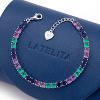Silver multicolor gemstone tennis bracelet with clasp and 925 charm