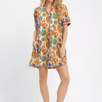 Blue mix abstract print mini dress with short sleeves and collared neckline