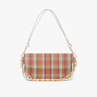 Multicolor plaid shoulder bag with white straps and gold chain, front flap