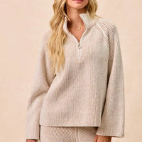 Two-tone taupe ribbed knit quarter-zip collared sweater top, front view