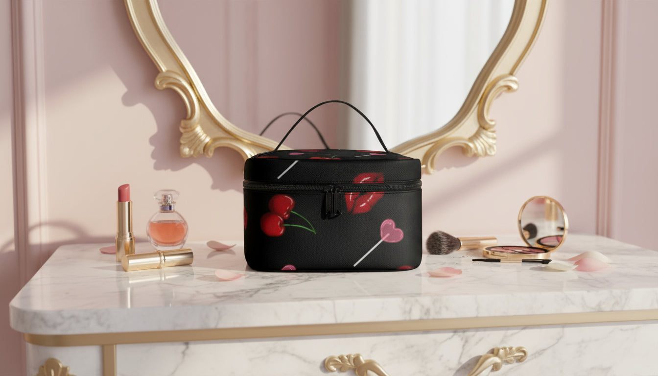 Custom Makeup Bag, Cherry Lips Travel Make up Personalized, PU Leather Festive Cosmetic Case