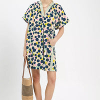 Tunic dress in honey, green and navy with large multicolor polka dots, V-neck