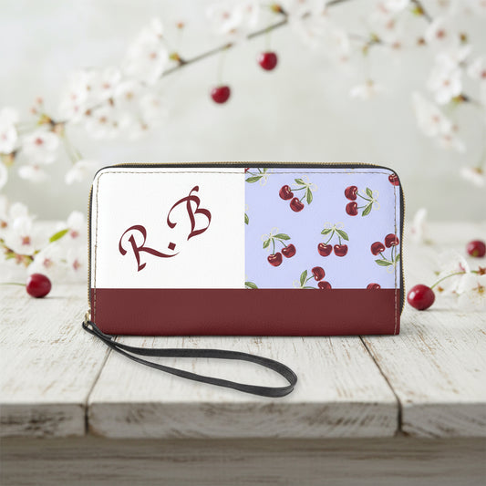 Wristlet Wallet, Long Slim PU Leather Personalized Gift, Block Cherry Fun Money Holder Purse