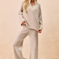 Two-tone taupe ribbed knit quarter-zip collared sweater top with relaxed fit