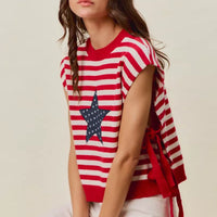 Red and ivory striped sleeveless knit vest top with navy star patch and side ties
