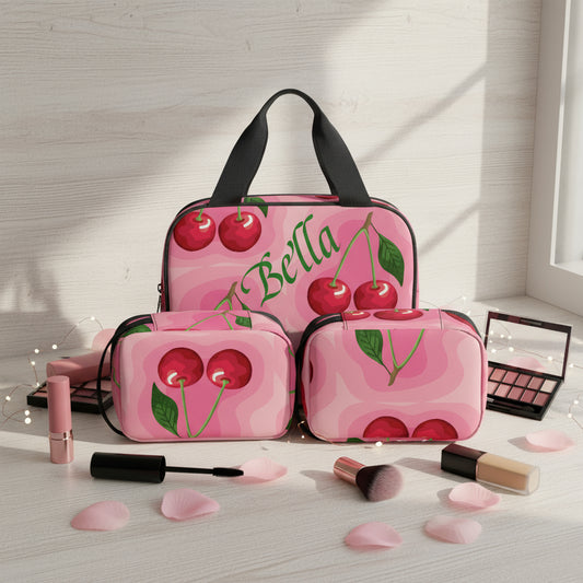Custom Makeup Bag Set, 3-Piece Toiletry Organizer, Cosmetic Bags, PU Leather Personalized Pink Cherry