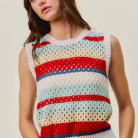 Women’s sweater knit tank top with red, navy, and blue striped pattern