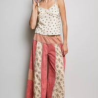 Star-print ribbed knit cami, natural with red stars, thin straps, tiered ruffle hem