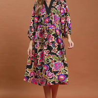Black abstract print belted midi dress, V-neck, three-quarter puff sleeves, full length