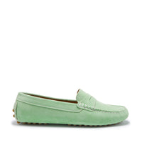 Green suede penny driving loafer in side profile with stitched apron toe and rubber grip sole.