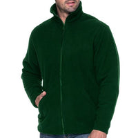 Men's bottle green microfleece jacket with a high collar, full zip, and angled pockets