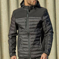 Men's black hooded jacket with quilted body and sleeves, zip front and chest pocket