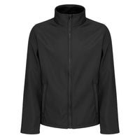 Black softshell jacket with a stand collar, full-length front zipper and two zip pockets.