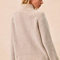 Taupe two-tone ribbed knit quarter-zip collared sweater top, back view