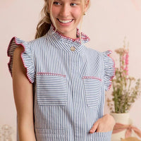 Blue and white striped ruffle-shoulder vest top with chest pockets and red trim