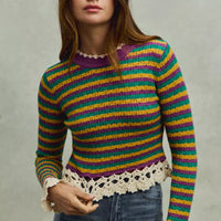 Multicolor striped cropped knit top with crochet-trim neckline and hem, long sleeves
