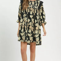 Black-and-cream floral smocked ruffle flowy dress, above-knee length