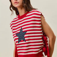 Red and ivory striped sleeveless vest top with navy star patch and long side tie strings