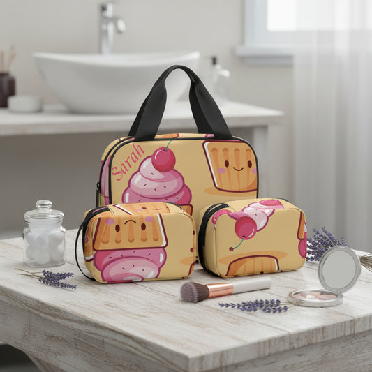 Make up Bag, Personalized Set, 3-Piece Cherry Cupcake Makeup Organizer, Travel Gift for Her