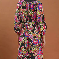 Black abstract print belted midi dress with back yoke and gathered long sleeves