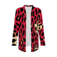 Red Leopard Print Open-Front Cardigan with Pockets