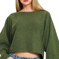 Dark olive boat-neck knit sweater with wide balloon sleeves and cropped waist