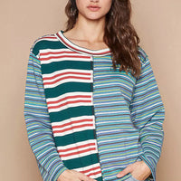 Color block striped long-sleeve t-shirt, round neck, green/red/white and blue stripes