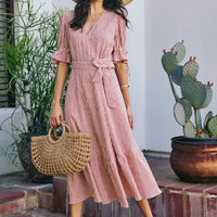 Red and white striped lined wrap midi dress with puff sleeves and tied waist