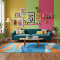 Abstract geometric rug with blue and orange wavy shapes, flat weave look.