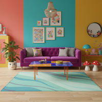 Rectangular light blue rug with wavy lines in sage green, wide border style